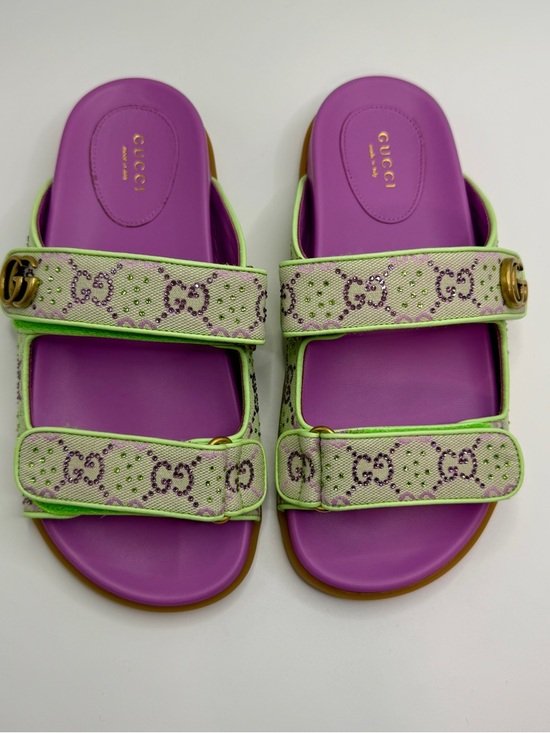 Gucci Shoes - NWT Gucci Crystal Purple & Green GG Canvas Double-Strap Slides size 38 fit 8US
